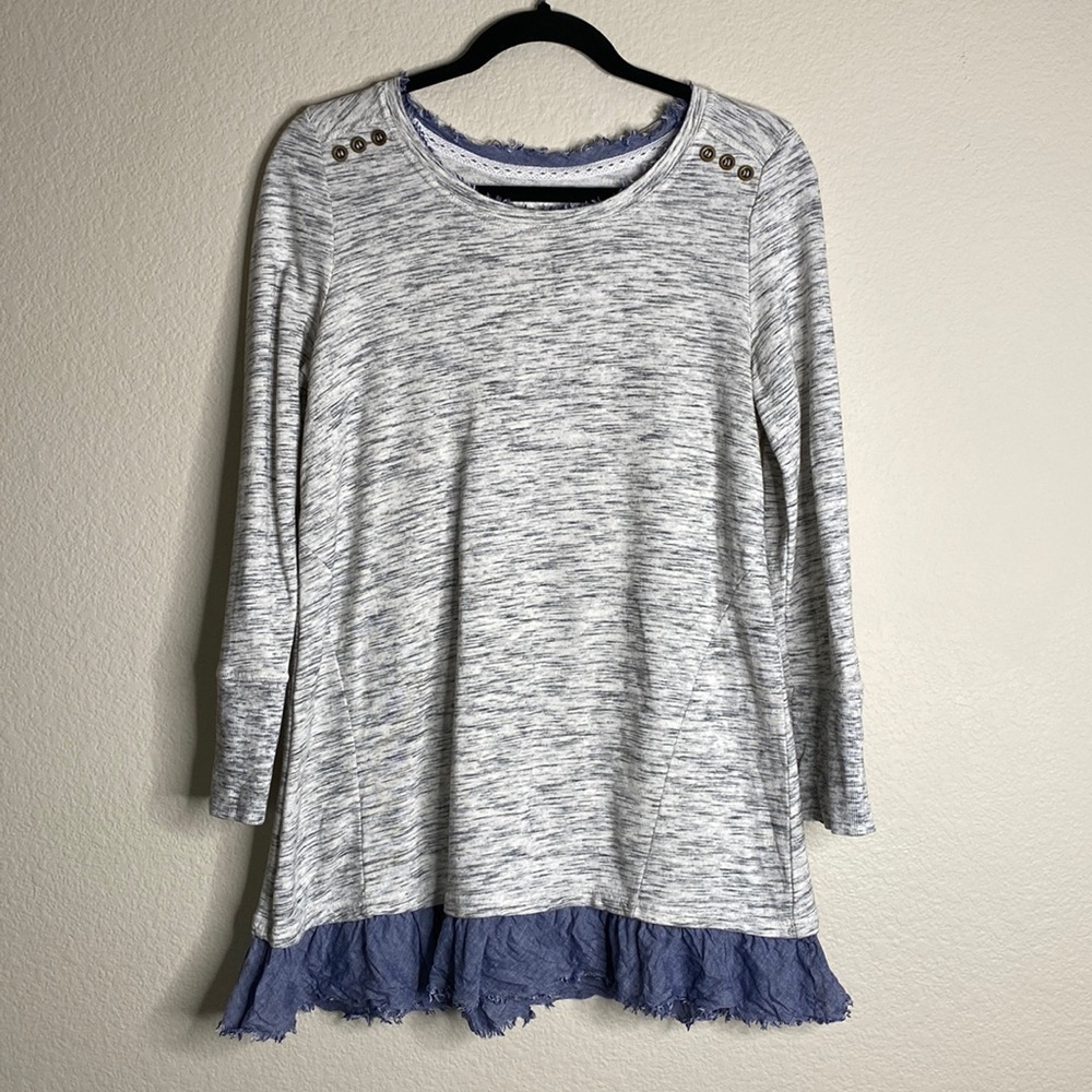 Anthropologie Saturday Sunday heathered grey blue ruffle sweater top Sz medium